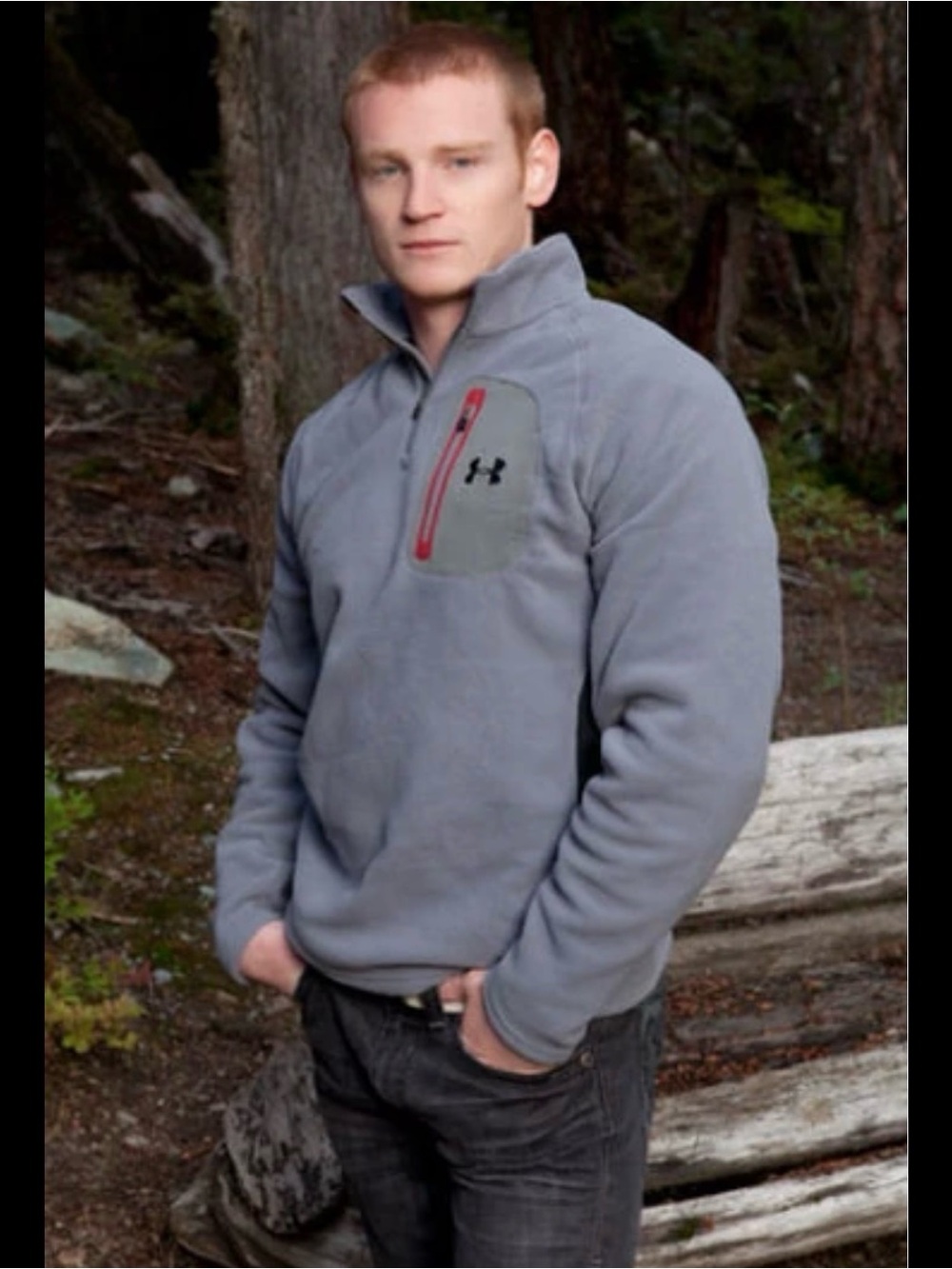 Under Armour Gray Pullover with Red Zip Chest Accent L